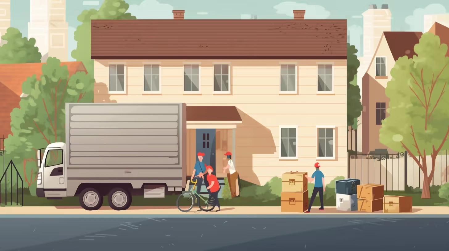 Moving day: truck, people, boxes, house